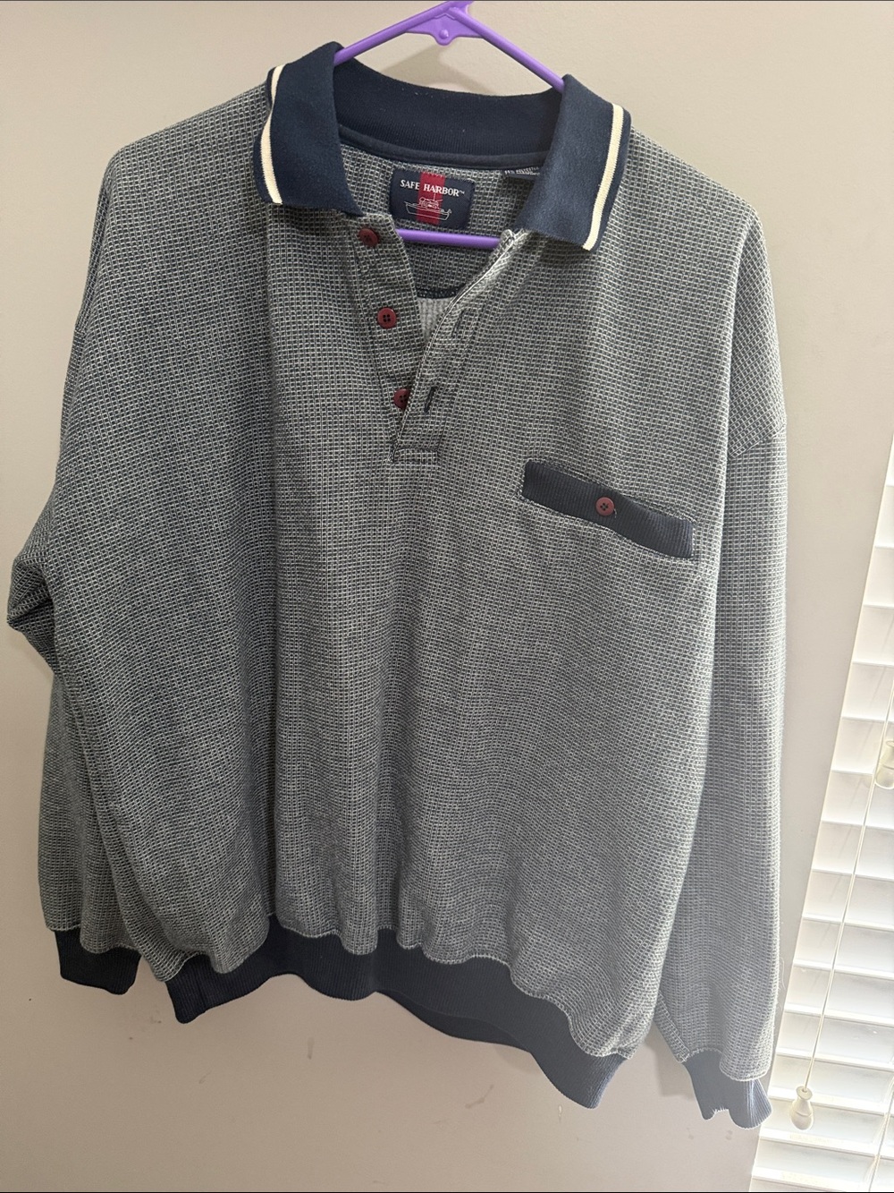 SAFE HARBOR XL Men's NAVY BLUE CHECK Long-Sleeve Polo Sweater ELASTIC WAIST VTG
